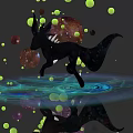 Black Mythical Creature with Green Orbs Red Planets and Water Reflection in Dark Surreal Background