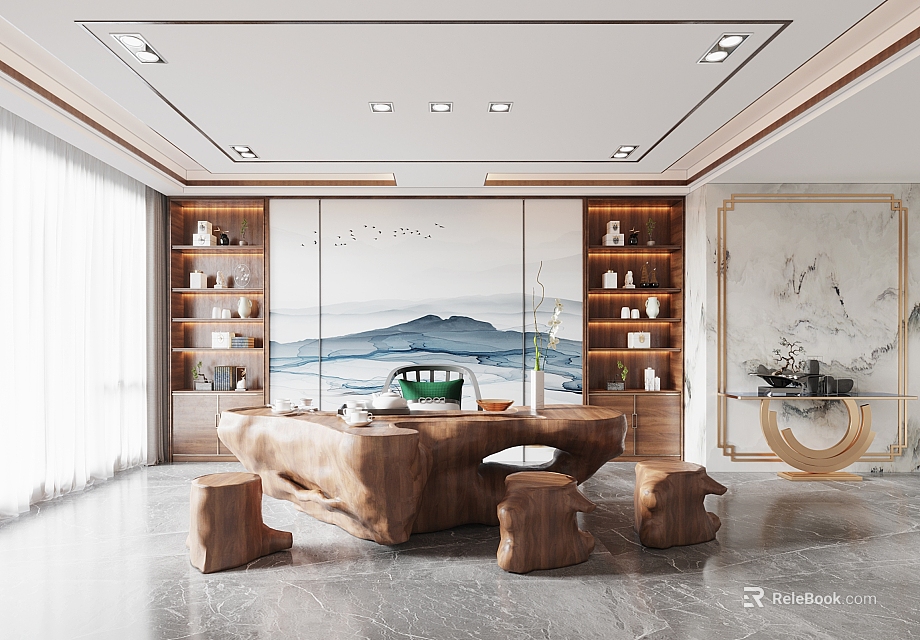 Modern Tea Room Interior Design With Wooden Tea Table Log Stools And Landscape Painting 3d model 