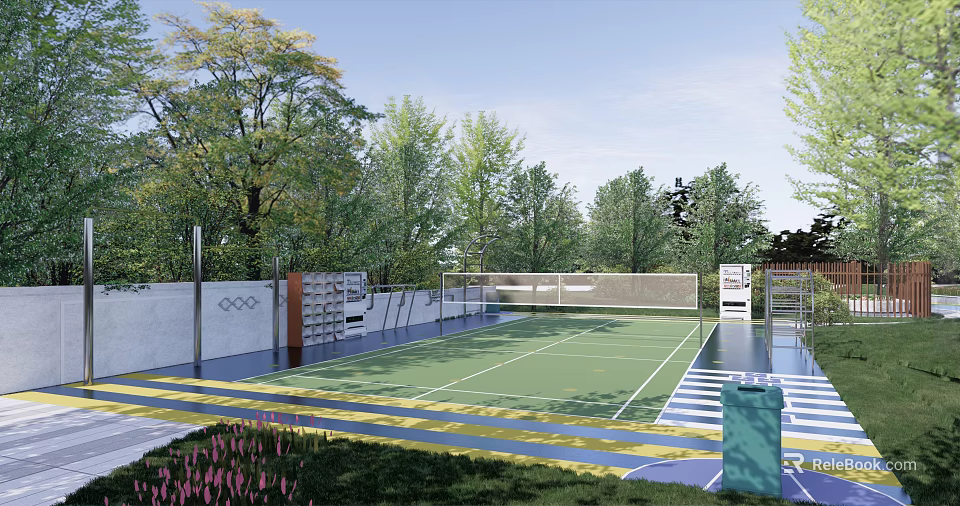 Green Outdoor Tennis Court With Net Trees Fencing and Striped Ground 3d model 