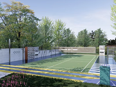 Green Outdoor Tennis Court With Net Trees Fencing and Striped Ground 3d model