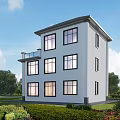 Two Story Detached Villa With Gray Exterior Black Roof Brown Arched Door And Green Lawn