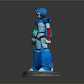 Blue Robot Character Figure With Red Accents Standing On Round Base