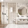 Modern Bathroom Interior With Round Mirror Marble Wall And Shower Area