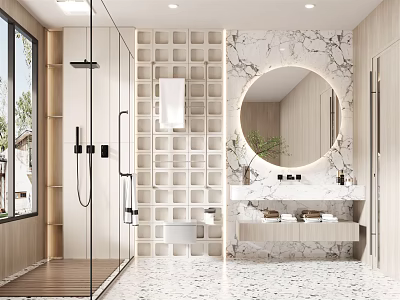 Modern Bathroom Interior With Round Mirror Marble Wall And Shower Area 3d model
