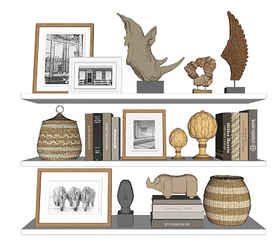 Modern Decorative Ornament Set with Photo Frames Sculptures Vases and Books on Shelves 3d model