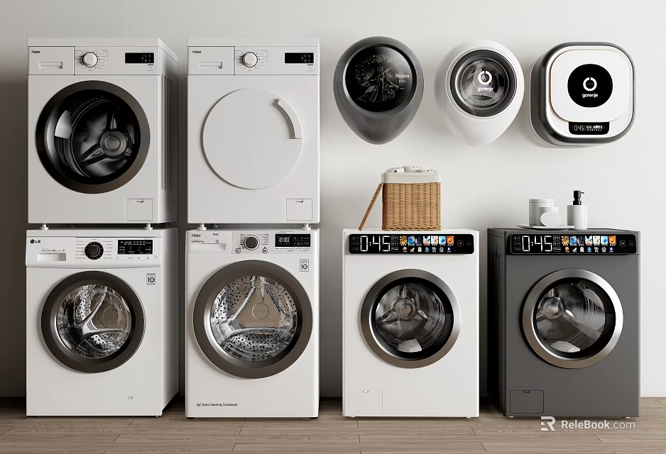 Various Modern Washing Machines With Front Load Design And Different Home Styles 3d model 