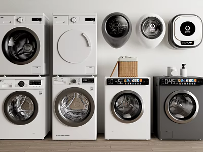 Various Modern Washing Machines With Front Load Design And Different Home Styles 3d model