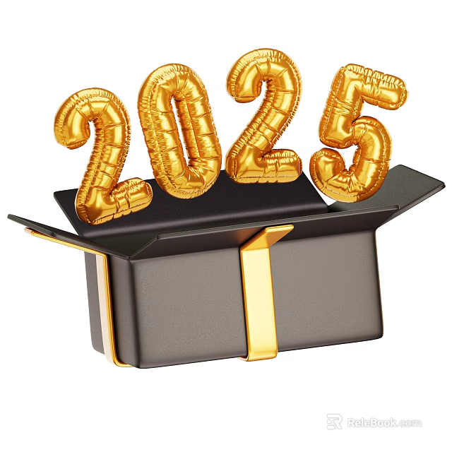 Decorative Ornament Set With 2025 Gold Balloons And Black Gift Box With Gold Ribbon 3d model 