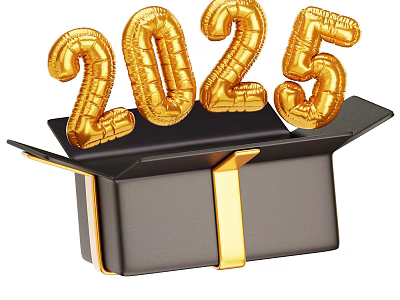 Decorative Ornament Set With 2025 Gold Balloons And Black Gift Box With Gold Ribbon 3d model