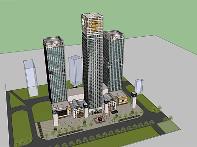 Modern Commercial Complex With High Rise Towers Podium Buildings And Green Spaces 3d model