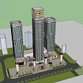 Modern Commercial Complex With High Rise Towers Podium Buildings And Green Spaces