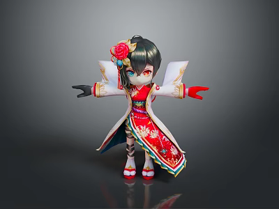 Little Girl In Traditional Red And White Outfit With Flower On Head And Arms Outstretched 3d model