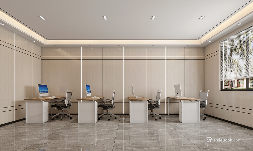 Modern Public Office Space Featuring Multiple Workstations Desks Ergonomic Chairs Laptops And Ceiling Lights 3d model 