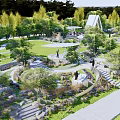 Scenic Park Landscape With Green Lawns Winding Paths Trees And Water View