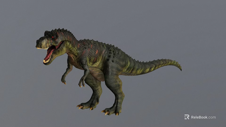 3D Rendered Dinosaur Model Standing Pose With Open Mouth Green Red Skin Against Gray Background 3d model 
