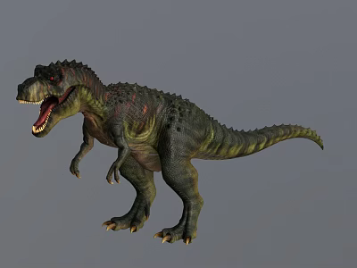 3D Rendered Dinosaur Model Standing Pose With Open Mouth Green Red Skin Against Gray Background 3d model