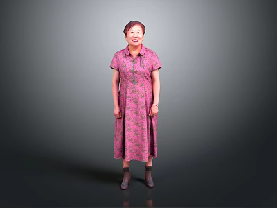 Woman in Pink Floral Dress with Neatly Styled Hair and Gray Shoes Against Gray Background 3d model