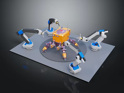 Smart Machine With Yellow Main Body And Multiple Blue White Mechanical Arms On Gray Platform 3d model