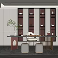 Modern Tea Room Interior With Shelves Tea Sets Long Table Chairs And Round Stools