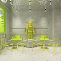 Modern Bubble Tea Shop Interior With Yellow Furniture Green Seats Metal Ceiling And Cartoon Sculpture