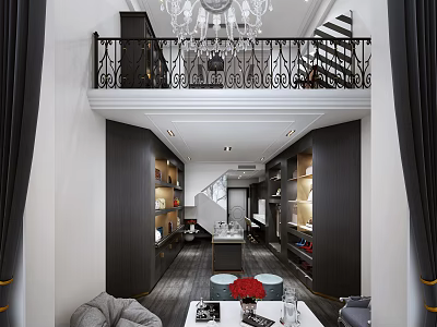 Modern Public Office Space Interior With Open Layout Bookshelves Chandelier And Sofa 3d model
