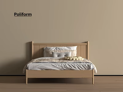 Poliform Double Bed With Wooden Headboard Pillows Blanket Beige Wall And Wooden Floor 3d model