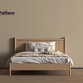 Poliform Double Bed With Wooden Headboard Pillows Blanket Beige Wall And Wooden Floor