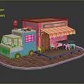 Colorful Food Truck Featuring Pink Blue Body Striped Awning Fresh Food Sign And Tables Chairs