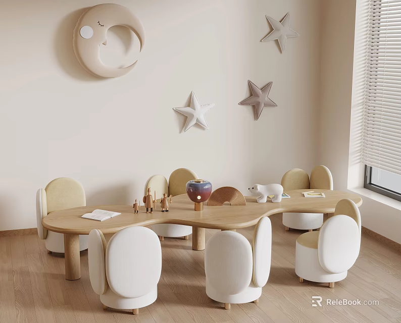 Cozy Kids Room Wooden Table And White Chairs Set With Moon Star Wall Decor 3d model 