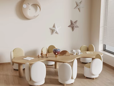 Cozy Kids Room Wooden Table And White Chairs Set With Moon Star Wall Decor 3d model