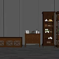 Dark Wood Console Table And Side Cabinet With Drawers Glass Door And Decorative Items