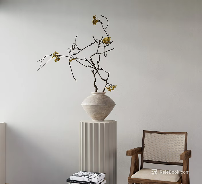 Minimalist Decorative Ornament Combination With Ceramic Vase Yellow Flowers And Wooden Chair 3d model 