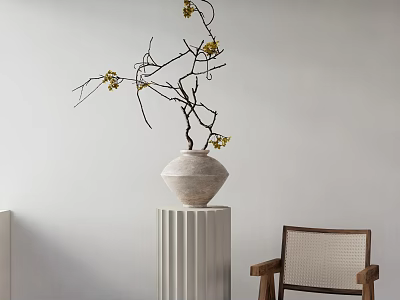 Minimalist Decorative Ornament Combination With Ceramic Vase Yellow Flowers And Wooden Chair 3d model