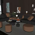 Modern Leather Sofa And Coffee Table Set With Round Footstools Bookshelves And City View