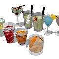 Various Refreshing Drinks in Different Glasses with Fruit Garnishes and Straws