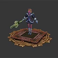 Fantasy Female Character With Red Hair And Creature Holding Staff On Gear Platform