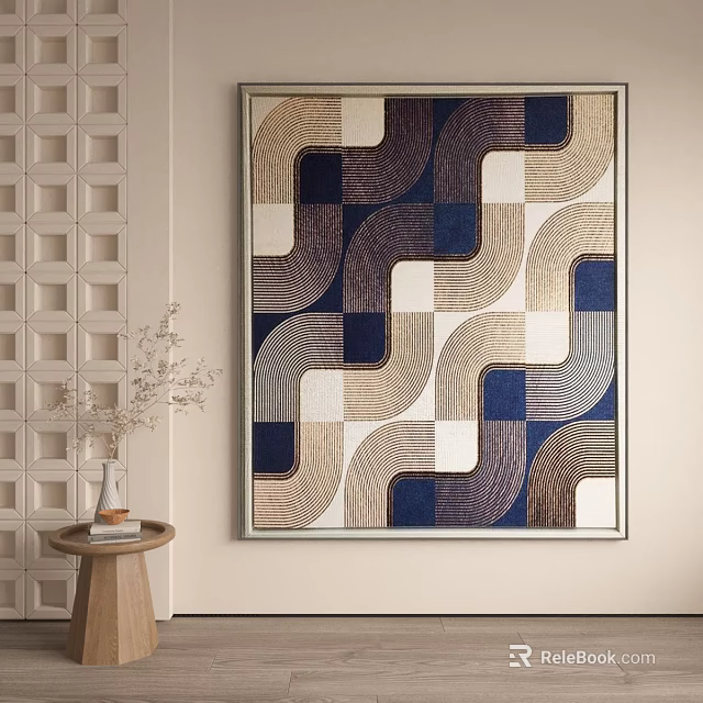 Geometric Pattern Wall Art In Beige Blue White With Small Side Table Vase And Books 3d model