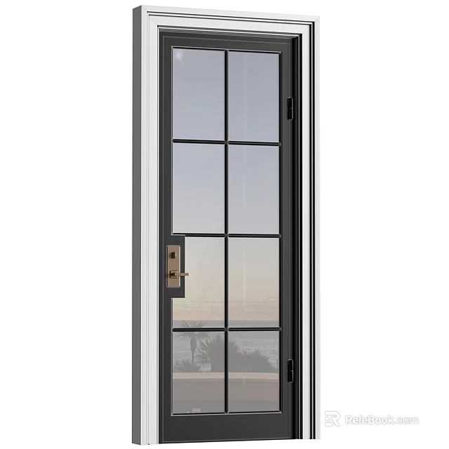 Sleek Modern Entry Door With Glass Grid Panels And Black Metal Frame 3d model 