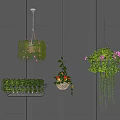 Bonsai Potted Plants Hanging On Gray Wall With Decorative Green Plants And Pink Flowers