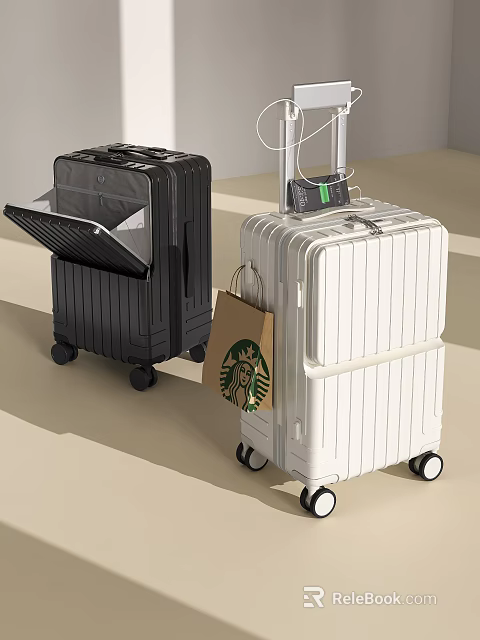 Two Modern Black And White Suitcases With Wheels And Shopping Bag 3d model 