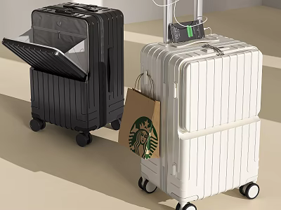 Two Modern Black And White Suitcases With Wheels And Shopping Bag 3d model