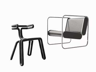 Modern Minimalist Leisure Chair with Metal Frame Geometric Design and Gray Cushion 3d model