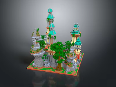 Cartoon Fantasy Castle Scene With Green Towers Trees And Rock Structures 3d model