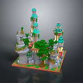 Cartoon Fantasy Castle Scene With Green Towers Trees And Rock Structures