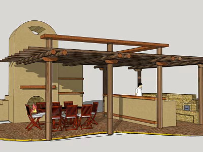 Outdoor Wooden Pergola Design With Dining Table Chairs Bar Counter And Stone Wall 3d model