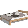 Modern Wooden Double Bed with Simple Design and Gray White Bedding 3d model