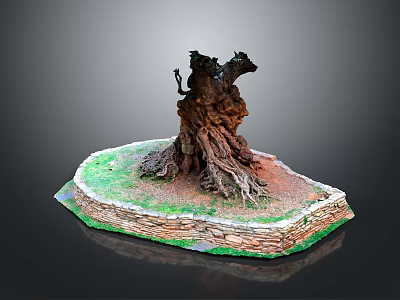 Natural Wooden Tree Stump Decor With Handcrafted Stone Base And Green Grass 3d model