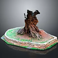 Natural Wooden Tree Stump Decor With Handcrafted Stone Base And Green Grass
