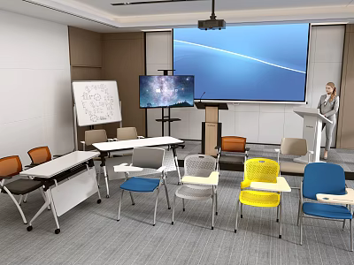 School Well Equipped Classroom With Colorful Chairs Desks Large Screen And Whiteboard 3d model