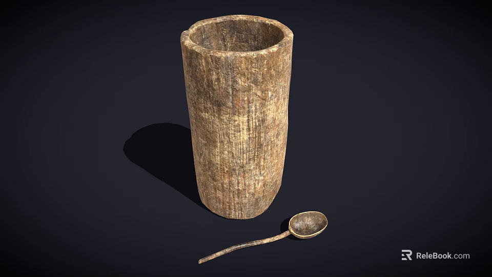 Rustic Wooden Cylindrical Cup With Small Spoon On Dark Background 3d model 